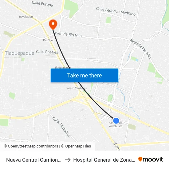 Nueva Central Camionera to Hospital General de Zona 14 map