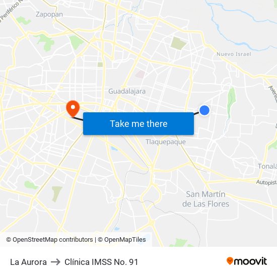 La Aurora to Clínica IMSS No. 91 map