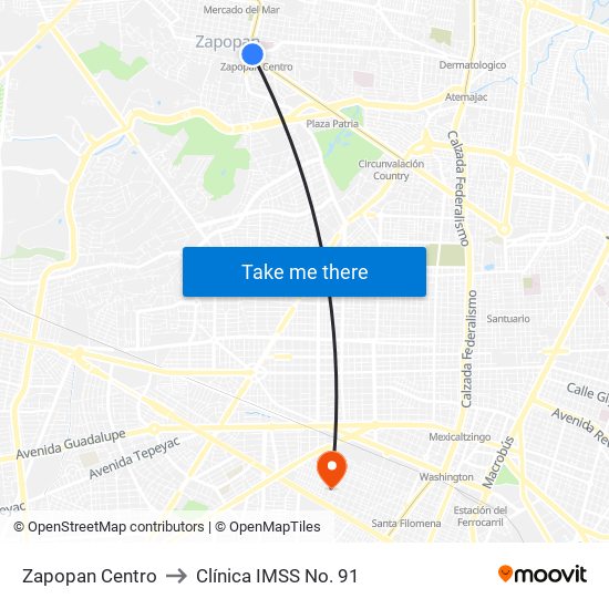 Zapopan Centro to Clínica IMSS No. 91 map