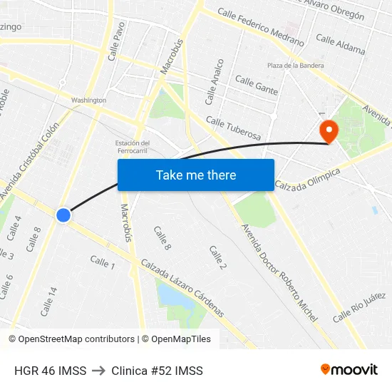 HGR 46 IMSS to Clinica #52 IMSS map