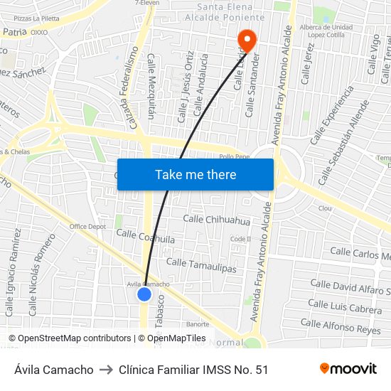 Ávila Camacho to Clínica Familiar IMSS No. 51 map