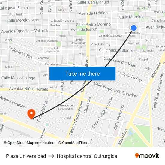 Plaza Universidad to Hospital central Quirurgica map