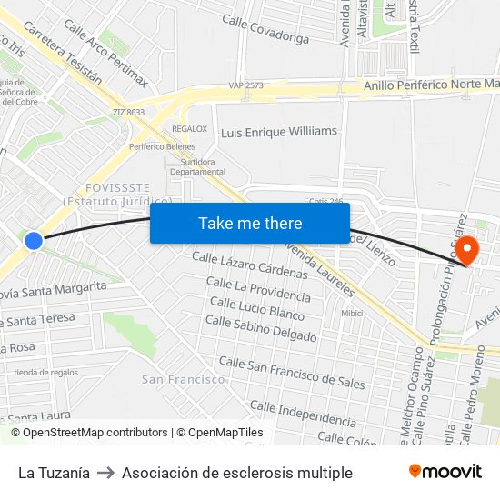 La Tuzanía to Asociación de esclerosis multiple map