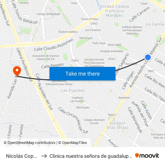 Nicolás Copérnico to Clinica nuestra señora de guadalupe el briseño map