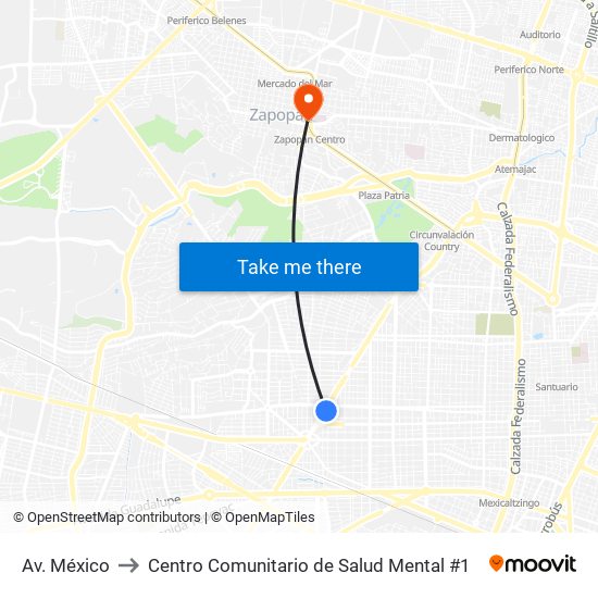 Av. México to Centro Comunitario de Salud Mental #1 map