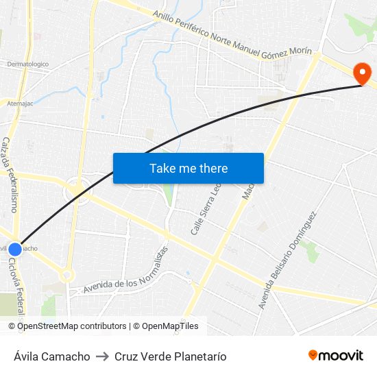 Ávila Camacho to Cruz Verde Planetarío map
