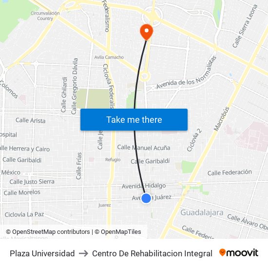 Plaza Universidad to Centro De Rehabilitacion Integral map