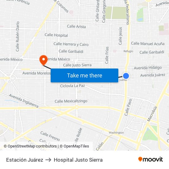 Juárez to Hospital Justo Sierra map