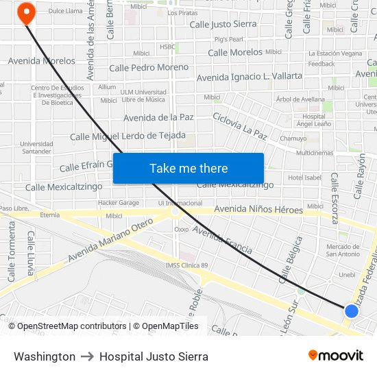 Washington to Hospital Justo Sierra map