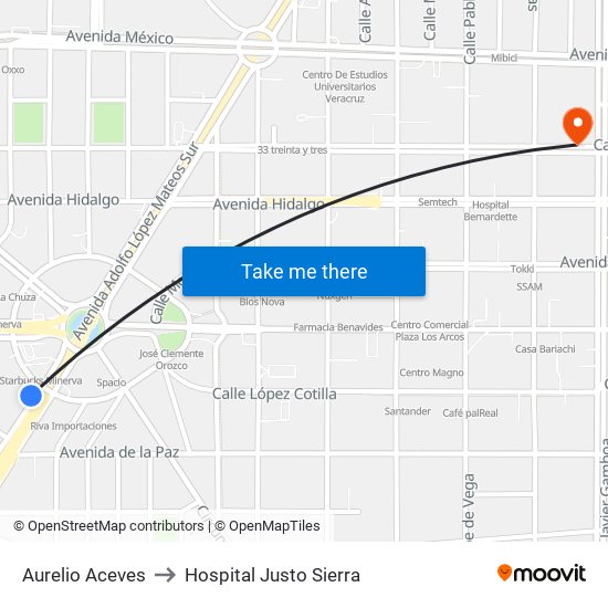 Aurelio Aceves to Hospital Justo Sierra map