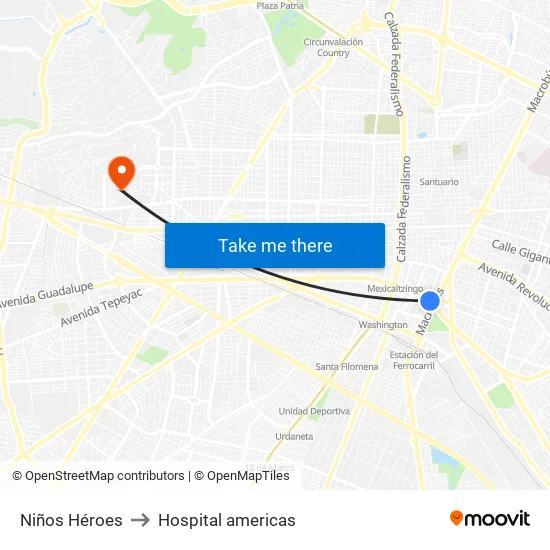 Niños Héroes to Hospital americas map
