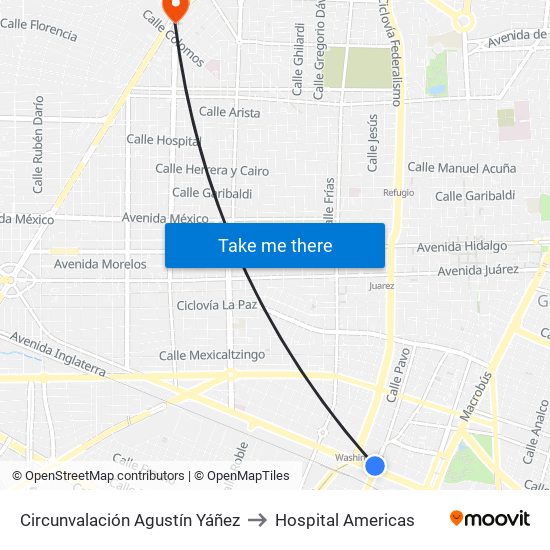 Circunvalación Agustín Yáñez to Hospital Americas map