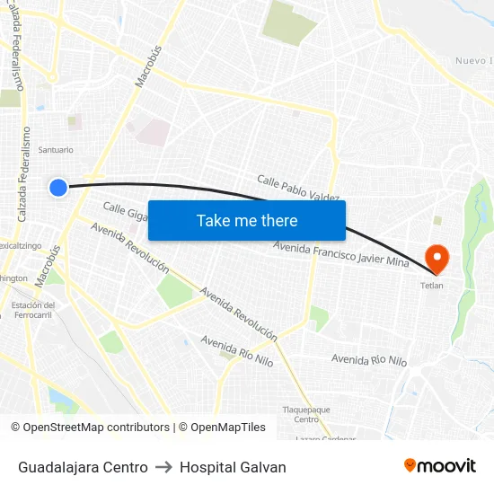 Guadalajara Centro to Hospital Galvan map