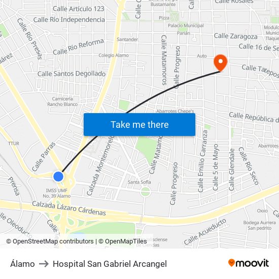 Álamo to Hospital San Gabriel Arcangel map