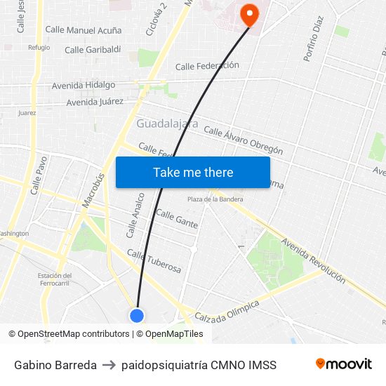 Gabino Barreda to paidopsiquiatría CMNO IMSS map