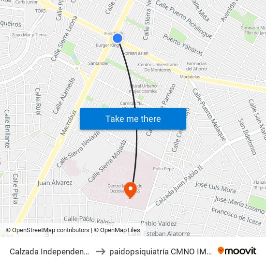 Calzada Independencia to paidopsiquiatría CMNO IMSS map