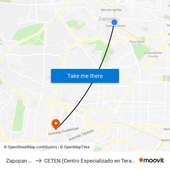 Zapopan Centro to CETEN (Centro Especializado en Terapia Endovascular) map