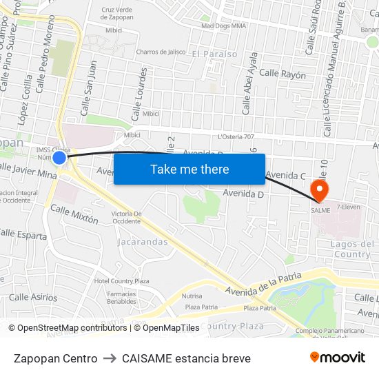 Zapopan Centro to CAISAME estancia breve map