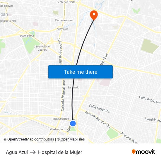 Agua Azul to Hospital de la Mujer map