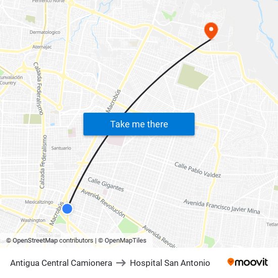 Antigua Central Camionera to Hospital San Antonio map