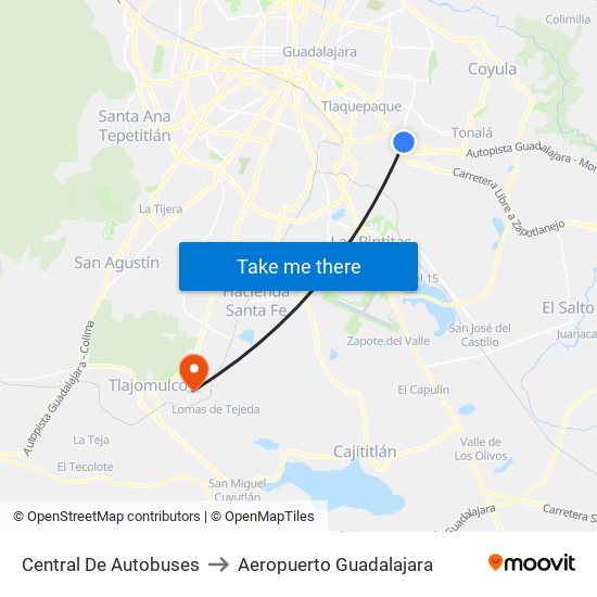 Central de Autobuses to Aeropuerto Guadalajara map