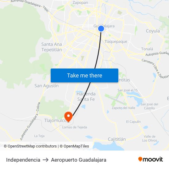 Independencia to Aeropuerto Guadalajara map