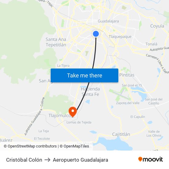 Cristóbal Colón to Aeropuerto Guadalajara map