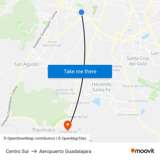 Centro Sur to Aeropuerto Guadalajara map