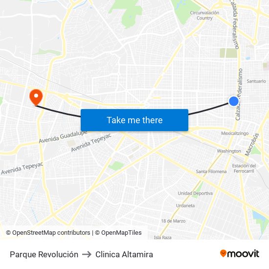 Parque Revolución to Clinica Altamira map