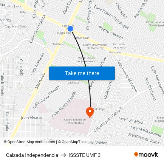 Calzada Independencia to ISSSTE UMF 3 map