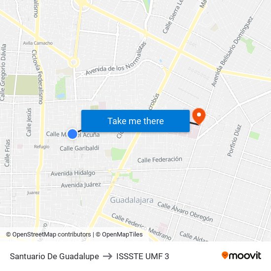 Santuario de Guadalupe to ISSSTE UMF 3 map