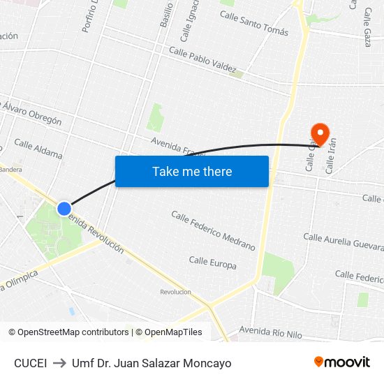 CUCEI to Umf Dr. Juan Salazar Moncayo map