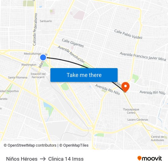 Niños Héroes to Clinica 14 Imss map