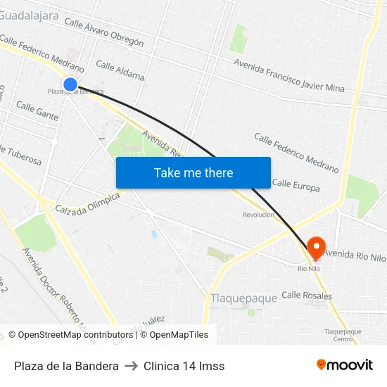 Plaza de la Bandera to Clinica 14 Imss map