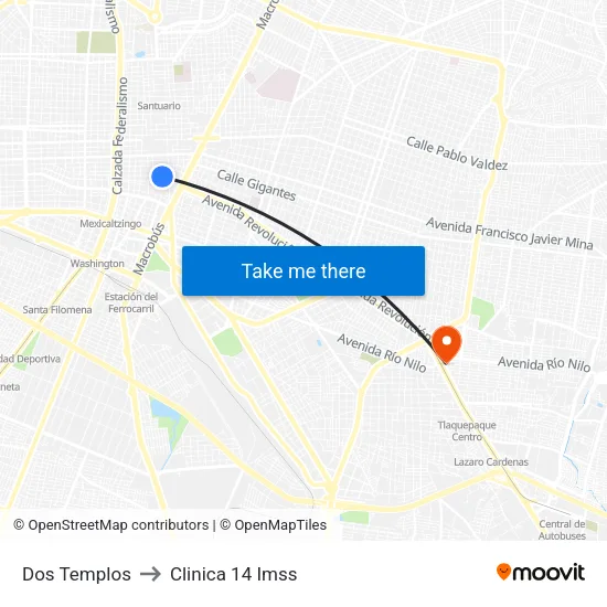 Dos Templos to Clinica 14 Imss map