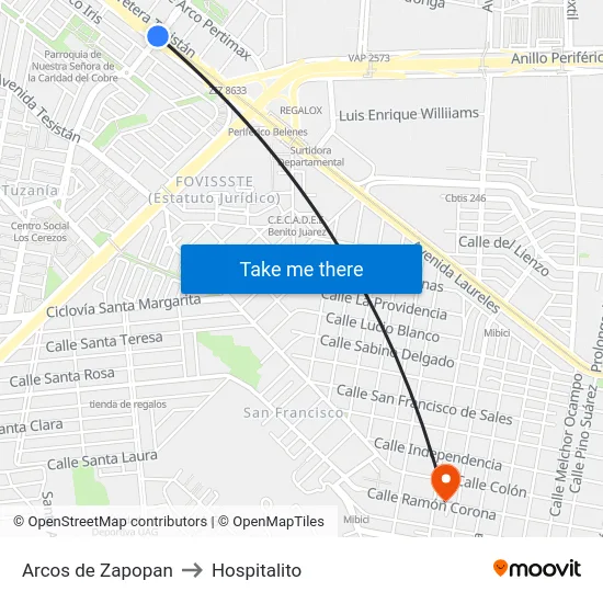 Arcos de Zapopan to Hospitalito map
