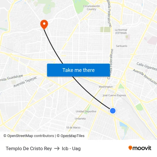 Templo De Cristo Rey to Icb - Uag map