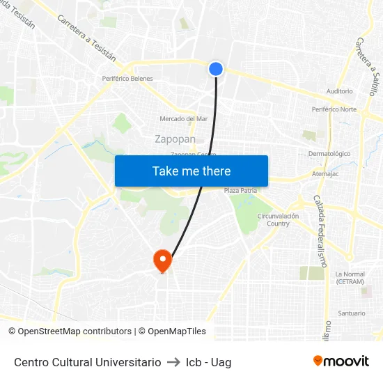 Centro Cultural Universitario to Icb - Uag map