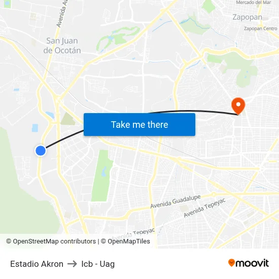 Estadio Akron to Icb - Uag map