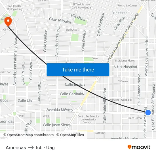 Américas to Icb - Uag map