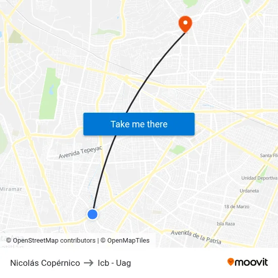 Nicolás Copérnico to Icb - Uag map