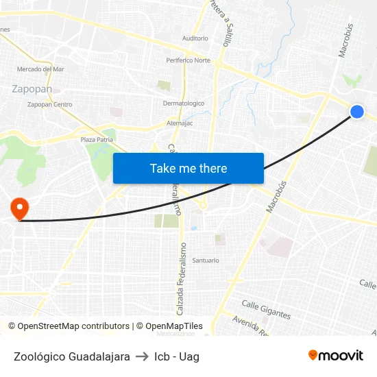 Zoológico Guadalajara to Icb - Uag map