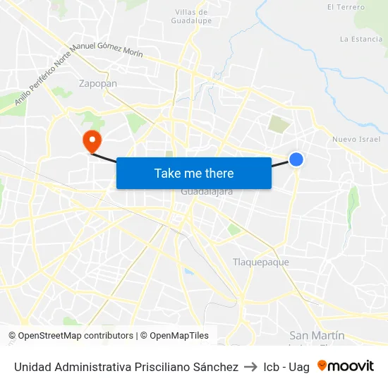 Unidad Administrativa Prisciliano Sánchez to Icb - Uag map