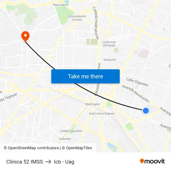 Clínica 52 IMSS to Icb - Uag map
