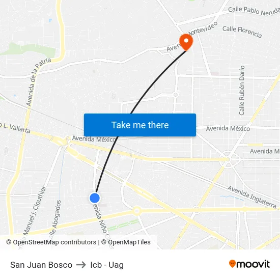 San Juan Bosco to Icb - Uag map