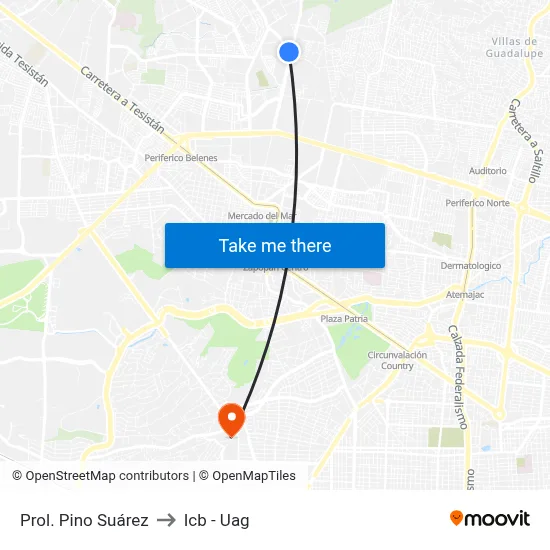 Prol. Pino Suárez to Icb - Uag map