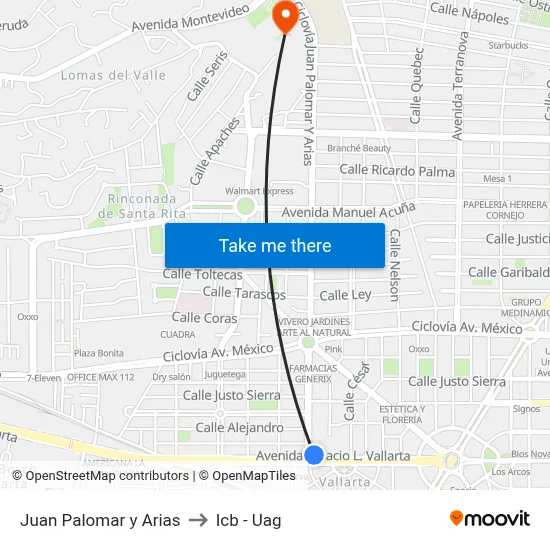 Juan Palomar y Arias to Icb - Uag map