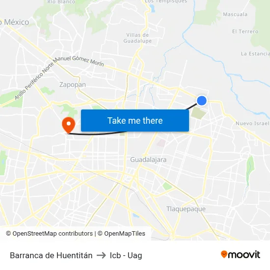 Barranca de Huentitán to Icb - Uag map