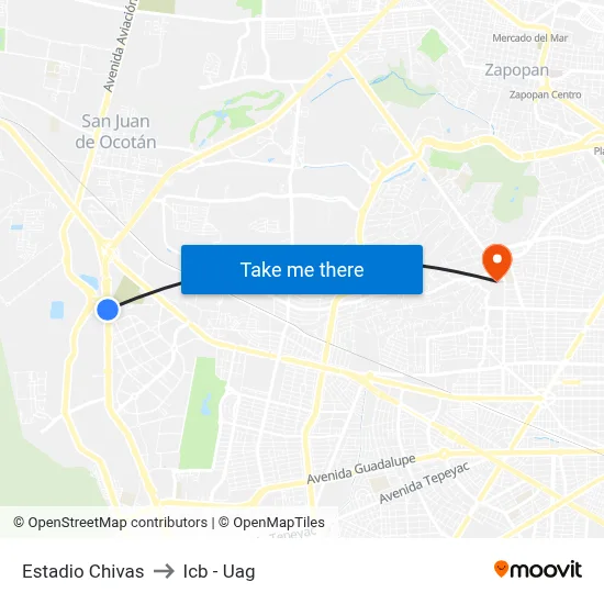 Estadio Chivas to Icb - Uag map