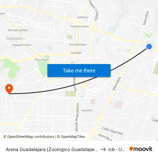 Arena Guadalajara (Zoológico Guadalajara) to Icb - Uag map